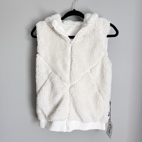 2/25 zyia Active Cream Hooded Teddy Vest Sherpa Hoodie Zip Up NEW activewear - Picture 2 of 8